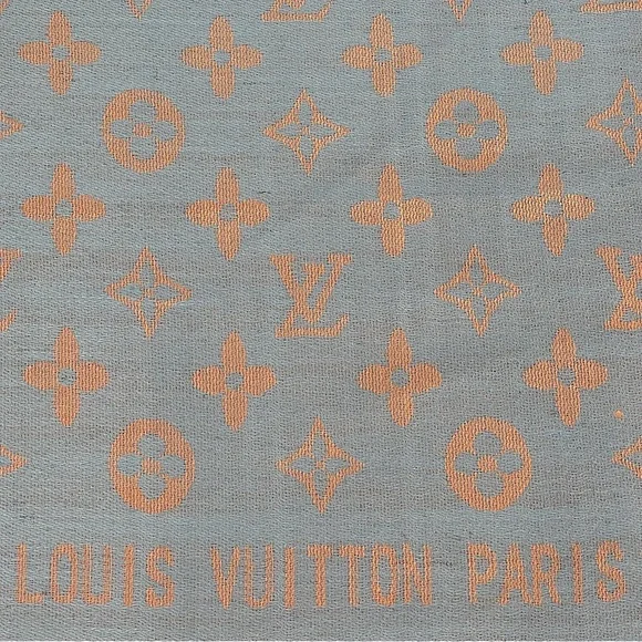 L V Monogram Grey Blue Salmon Cashmere Silk Blend Chale Stole Shawl Wrap Scarf. - Picture 4 of 6